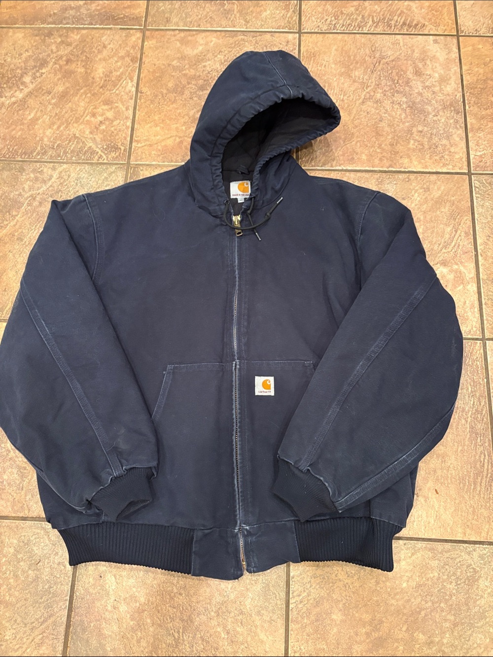Carhartt Navy Hooded Unisex Work Jacket Full Zip Heavy Duty Outdoor Workwear XL